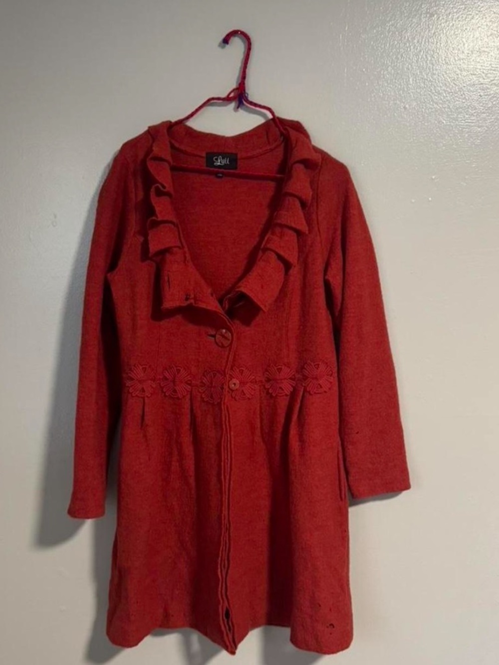 Luii Red Ruffle Collar Long Jacket y2k peasant cardigan women’s medium